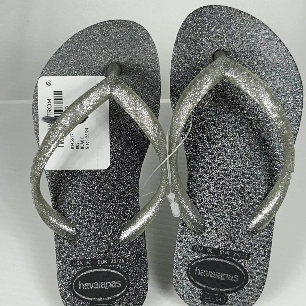 Havaianas Girls Size 9C 9 C Glittery Silver Black Flip Flops Sparkle Thong Child